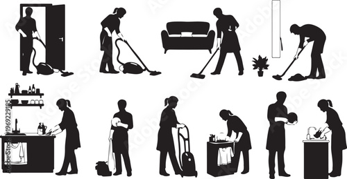 Silhouette of people doing household chores and cleaning activities