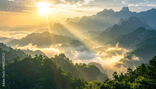A breathtaking panoramic view of a lush, mountainous landscape bathed in the golden light of sunrise, with rays piercing through the clouds and illuminating the dense forests below.