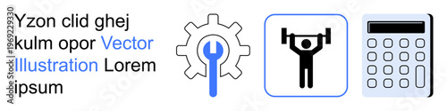 Engineering solutions, fitness goals, financial planning, productivity, tool optimization, workout management. Gear with wrench, weightlifter and calculator icons. Engineering and fitness