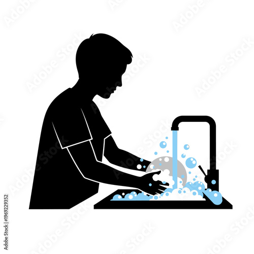 Boy Washing Dishes Silhouette by Sink with Running Water and Bubbles