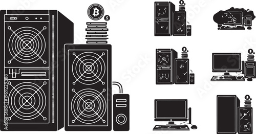 Computer hardware and cryptocurrency mining equipment illustration set