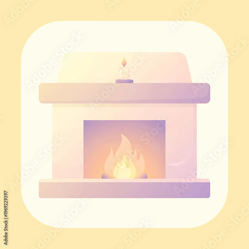 Fireplace with burning fire inside.