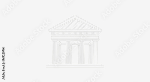 Classical Greek Temple Facade Outline Drawing, Ancient Architecture, Columned Portico, Pediment, Government Building