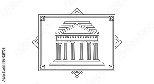 Classical Greek Temple Facade with Columns and Pediment, Architectural Drawing