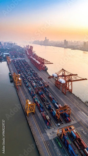 An aerial view showcases a bustling port facility with numerous container cranes and ships, set against a vibrant cityscape and a serene river at sunrise.