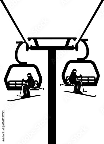 Ski Lift, Chairlift, Winter Sports, Silhouette Icons, Black and White Vector Graphics