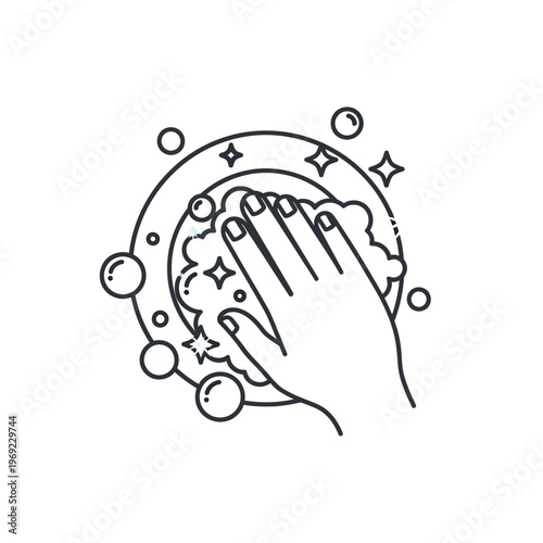 Hand washing a clean plate with soap bubbles and sparkles, line art icon