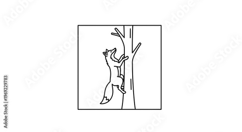 Clever Fox Climbing Tree Branch in Minimalist Line Art Style