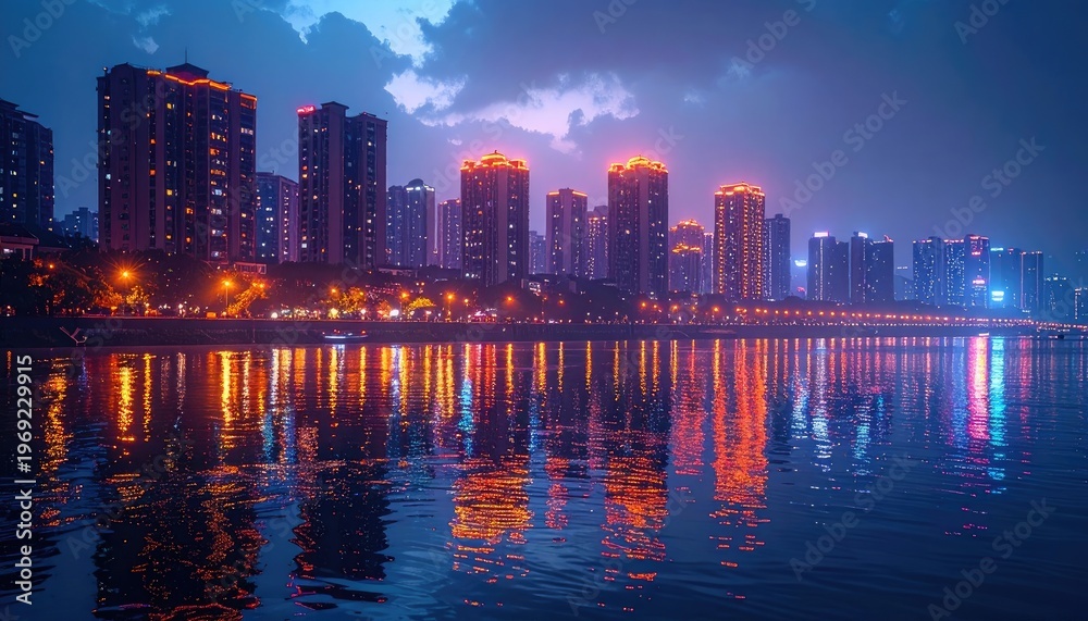 Obraz premium A stunning nighttime cityscape reflects beautifully in the calm waters of a river, showcasing a vibrant urban landscape under a dramatic sky.