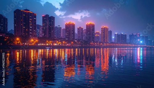 A stunning nighttime cityscape reflects beautifully in the calm waters of a river, showcasing a vibrant urban landscape under a dramatic sky.