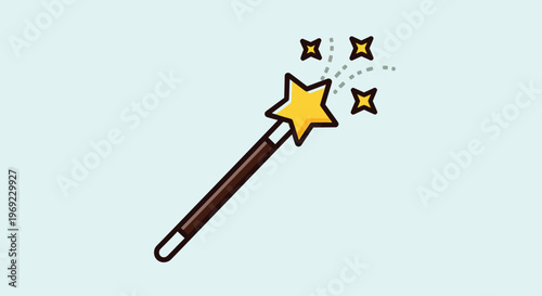 A magical wand with a yellow star emits sparkles in the air.