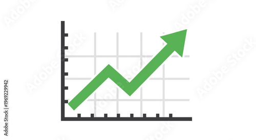 A green arrow ascends on a grid chart, indicating growth and progress upward.