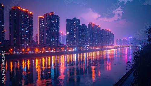 A vibrant cityscape reflects in the calm waters of a river at dusk, showcasing a stunning display of urban lights and colorful skies.