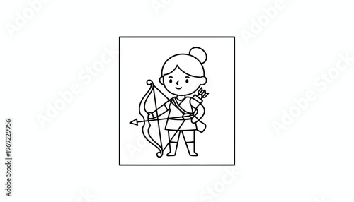 Cute Archer Girl Character Holding Bow and Arrow, Cartoon Style