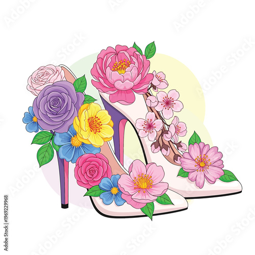 High Heel Shoe with Colorful Flowers.