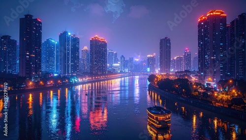A vibrant cityscape reflects in the tranquil waters of a river at night, showcasing a dazzling display of urban lights and modern architecture.