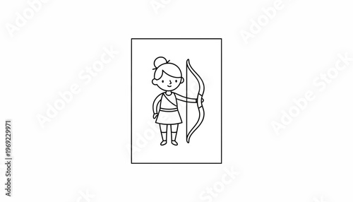 Cute Archer Girl Character Holding Bow and Arrow, Line Art Illustration