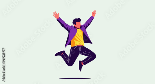 A man jumps high in the air with arms raised in celebration outdoors