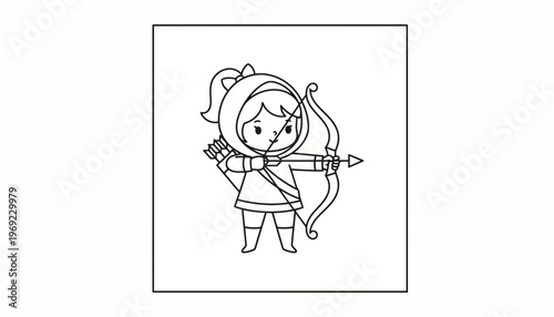 Cute Archer Girl Character Holding Bow and Arrow, Ready to Shoot, Cartoon Style