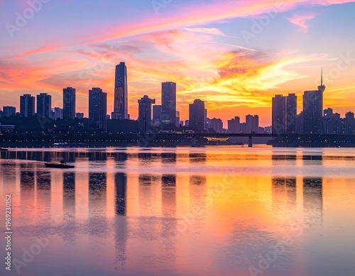 A vibrant sunset illuminates the modern cityscape reflected in the calm waters of a river, creating a stunning panorama of urban beauty.