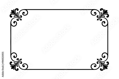 Black Decorative Rectangular Frame with Elaborate Floral Corner Flourish and Swirl Details for Certificate and Wedding Invitation