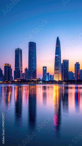 A stunning twilight view of a modern cityscape reflected in calm waters, showcasing towering skyscrapers bathed in vibrant hues.