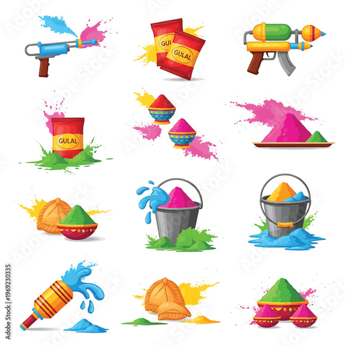 Holi festival color powder objects.
