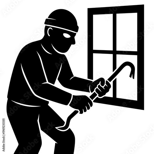 Black Silhouette Burglar Breaking into Window with Crowbar for Crime and Security Concept