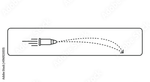 Minimalist vector illustration depicting a projectile's ballistic trajectory with speed lines