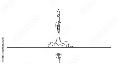Minimalist line art depiction of a rocket taking off against a clear white background representing