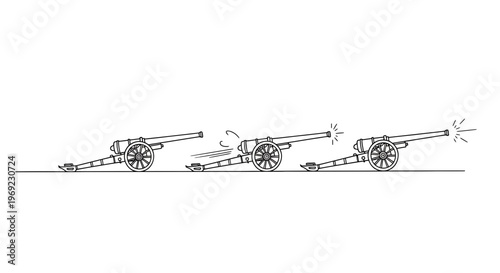 Cannon Firing Sequence Illustration Demonstrating Recoil and Muzzle Flash in Action Line Art