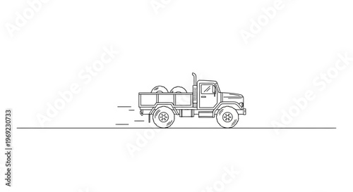 Minimalist outline illustration of a robust utility truck in swift motion carrying materials