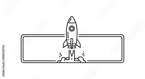 Sleek outline rocket launch with text frame symbolizing business startup and innovation progress