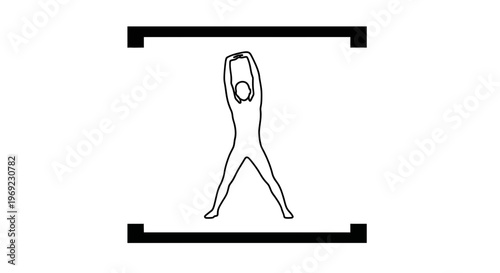 Minimalist black and white graphic depicting a human figure stretching arms overhead within a