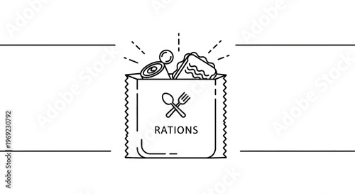 Essential emergency food rations package line art illustration depicting a convenient meal kit