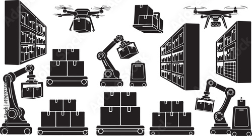 Warehouse Automation with Drones and Robotic Arms Illustration Set