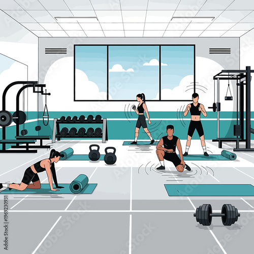 People exercising with dumbbells indoors.
