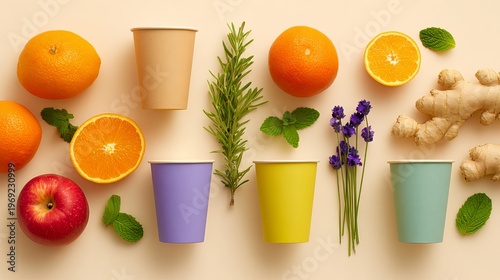 Colorful Natural Containers with Fruits and Herbs.