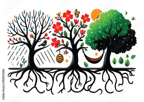 Vibrant illustration depicting the interconnected cycle of seasons through three stylized trees, showcasing nature's continuous transformation with intertwined roots and distinct seasonal elements