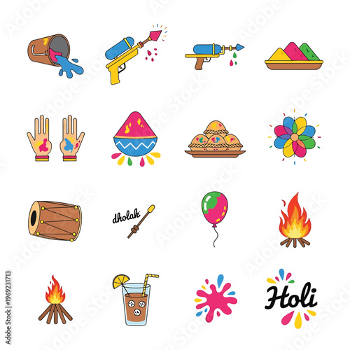 Holi festival colorful powder icons set.