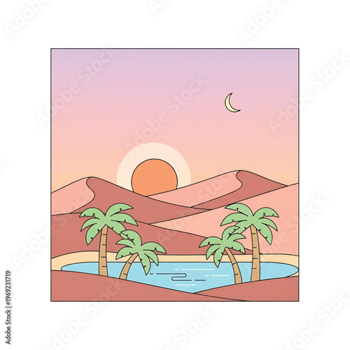 Palm trees by a desert oasis.