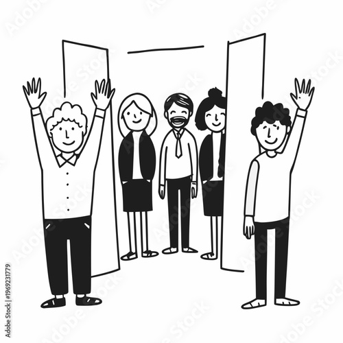 A group of happy people standing together Waving and inviting new customers Colleagues multi-ethnic team concept happy welcome newcomer. Colorful vector ... See More