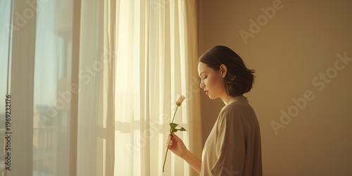 Pensive young woman with bob hairstyle holding a single rose bud by a sunlit window with sheer curtains