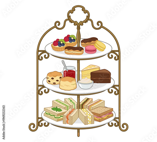 An elegant tiered stand showcasing a delightful assortment of tea time treats, perfect for an afternoon of indulgence