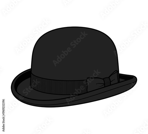 A classic black bowler hat, featuring a ribbon and bow