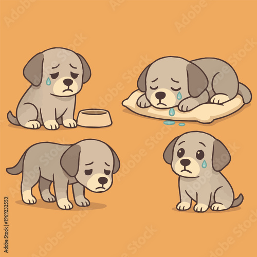 A vector illustration of four cute dog gestures showing sadness, featuring soft expressions and drooping poses that capture a gentle, emotional, and adorable mood.