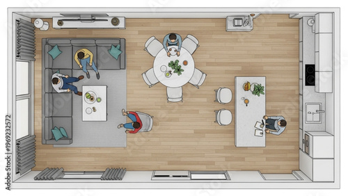 Aerial view of a modern open-plan living and dining area with people