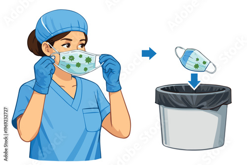 A vector illustration of a medical worker disposing of a used disposable mask, highlighting hygiene, contamination risks, and proper waste handling for health education.