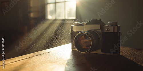 Antique film camera capturing golden sunlight in a dusty room with bright window light and warm lens reflections