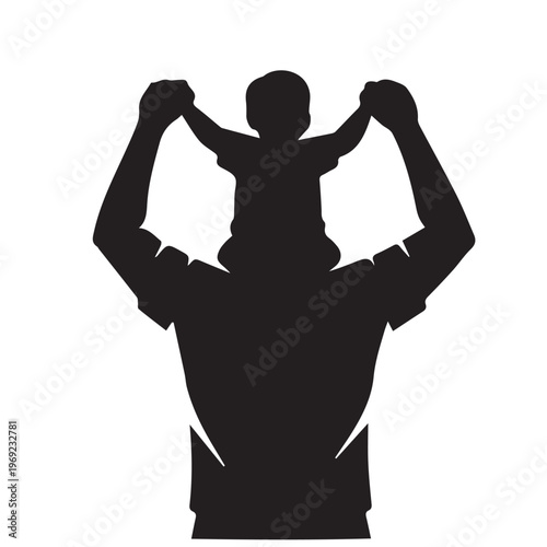 A minimalist vector silhouette of a father holding his child on his shoulders, expressing affection, trust, and a joyful family connection in a simple and elegant design.